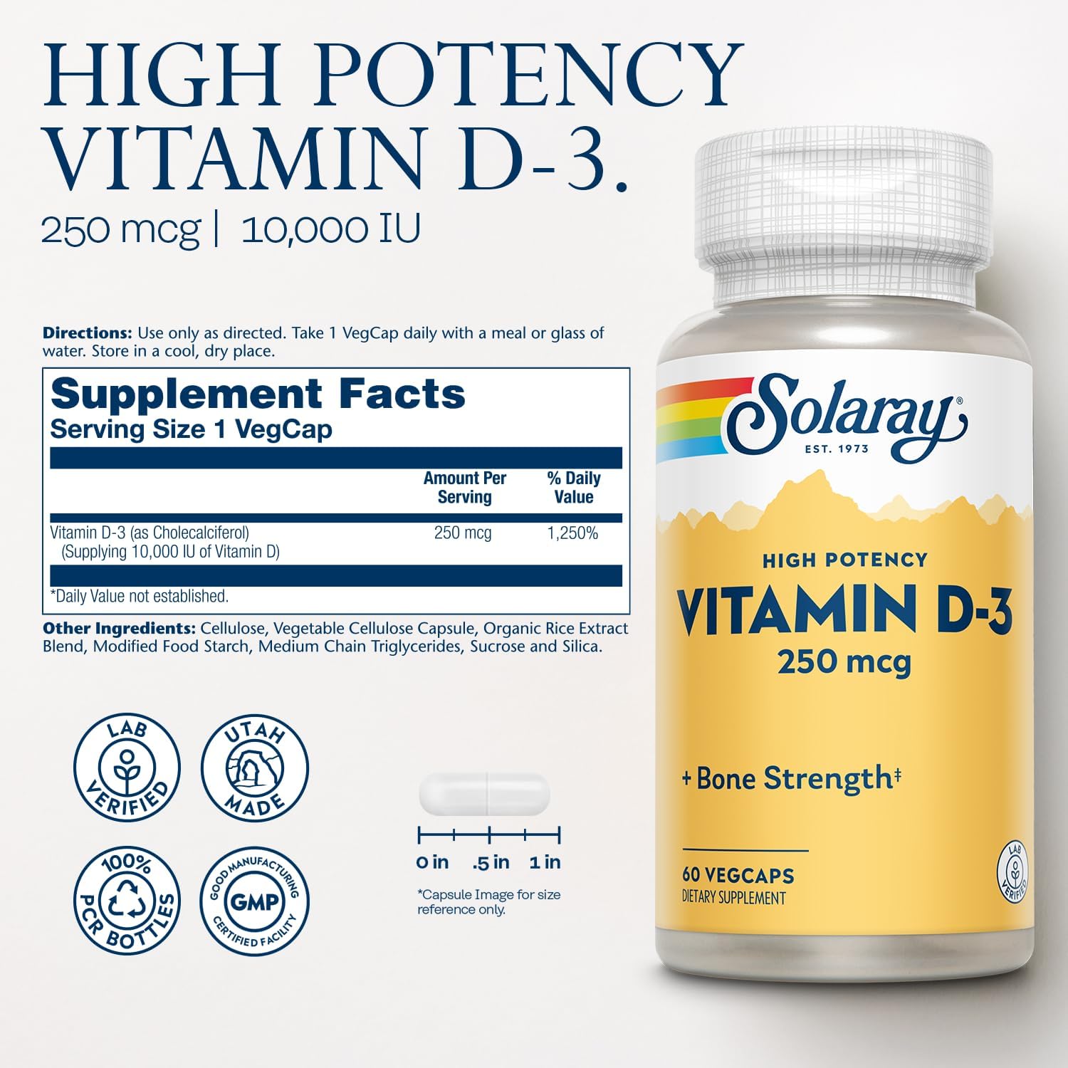 SOLARAY Vitamina D3 10000IU (250 mcg) - Suplemento de Alta Potencia para Huesos e Inmunidad - 60 Cápsulas Veganas