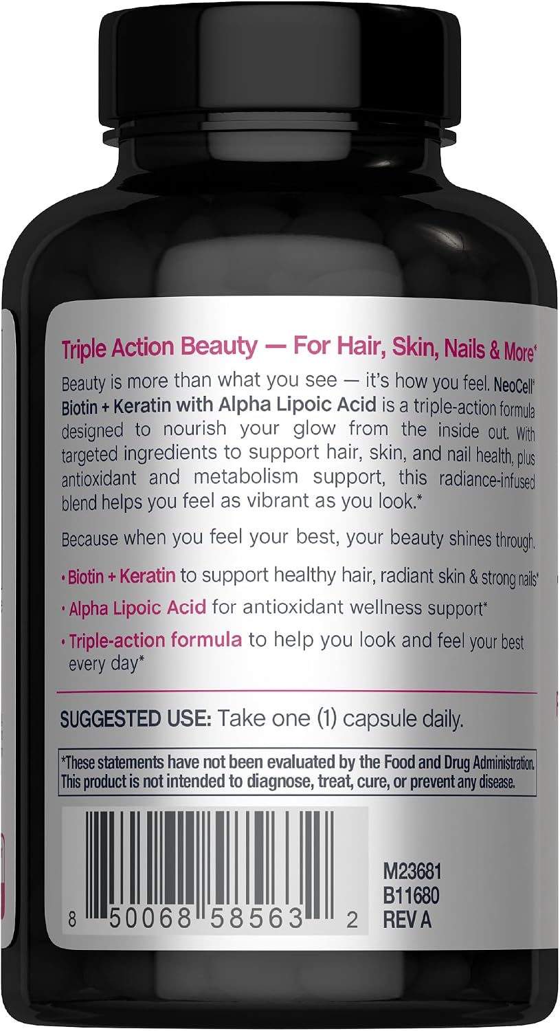 NeoCell Biotin Complex Cabello, Piel y Uñas | 90 Cápsulas | con Péptidos de Queratina Bioactivos y Ácido Alfa Lipoico | Fórmula Radiante
