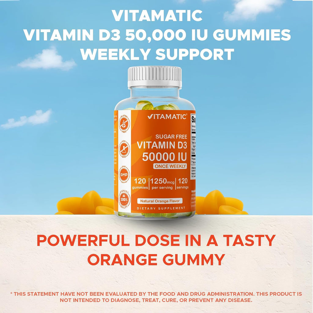 Vitamatic Vitamina D3 50.000 UI Sin Azúcar - 120 Gomitas de Pectina - Suplemento Semanal para Huesos, Dientes y Sistema Inmunológico