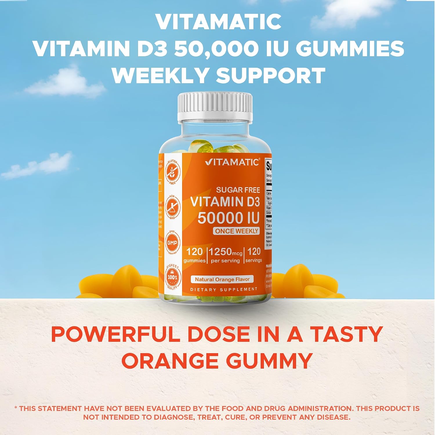 Vitamatic Vitamina D3 50.000 UI Sin Azúcar - 120 Gomitas de Pectina - Suplemento Semanal para Huesos, Dientes y Sistema Inmunológico