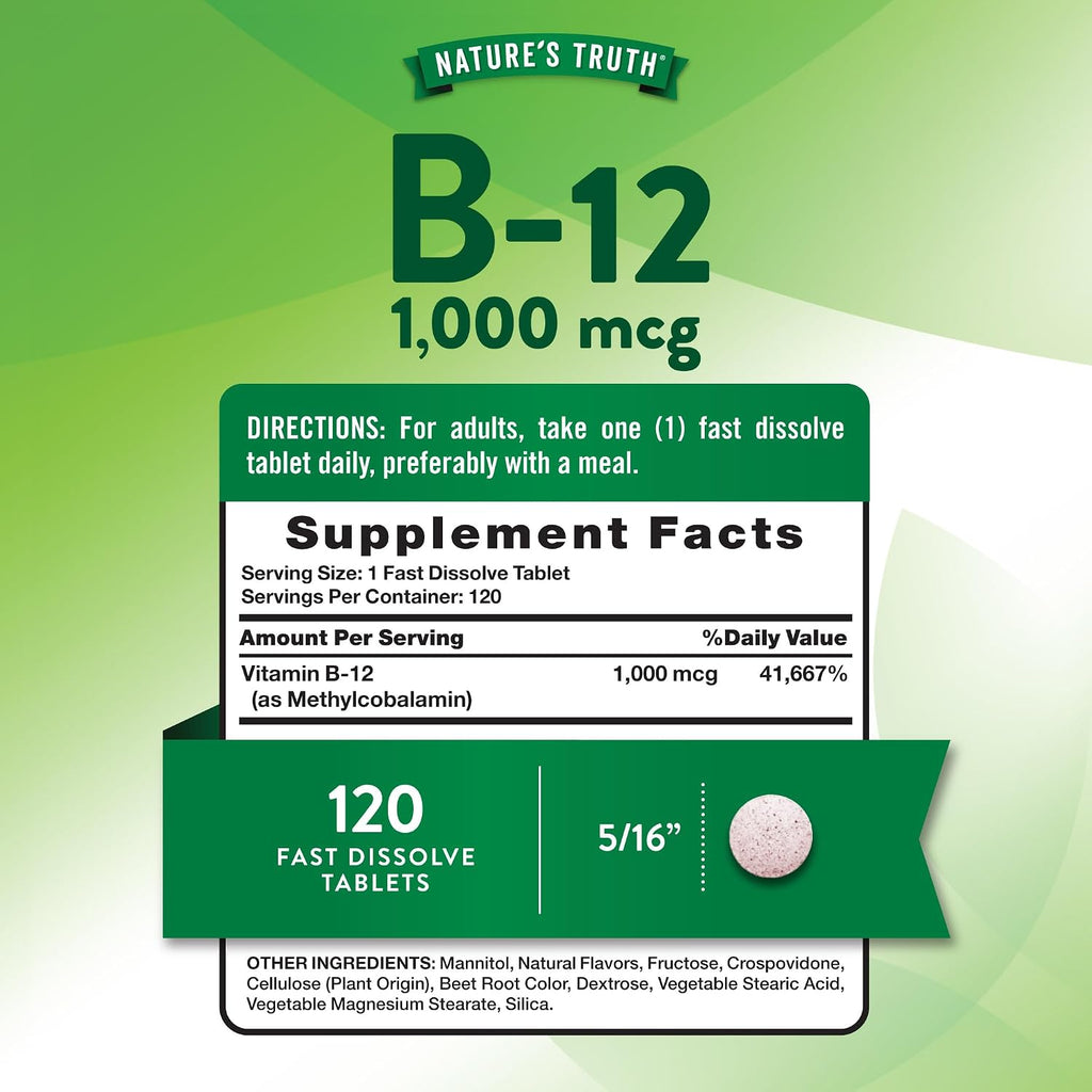 Nature's Truth Vitamina B12 Sublingual | 1000 mcg | 120 Comprimidos | Vegano, Sin Gluten y No OGM