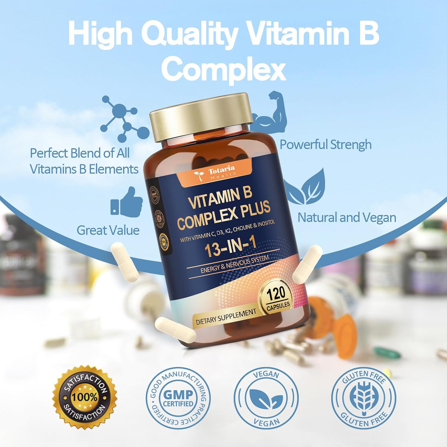 13-in-1 Vitamin B Complex Plus con Vitaminas B1, B2, B3, B4, B5, B6, B7, B8, B9, B12, C, D3, K2 - 120 Cápsulas por Frasco - 2 Frascos