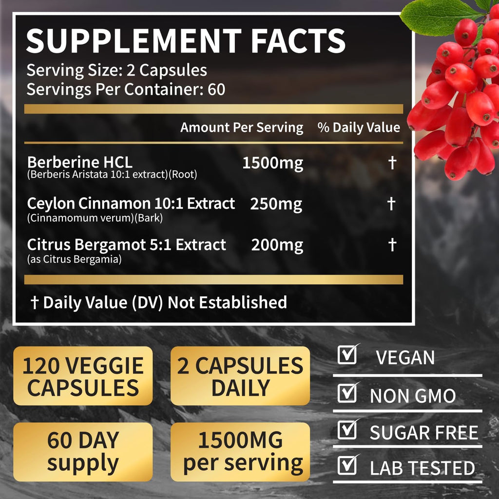 Berberina HCL 1500mg con Canela de Ceilán y Bergamota Cítrica | Fórmula de Triple Acción para Apoyo Metabólico | Cápsulas Veganas, 120 unidades