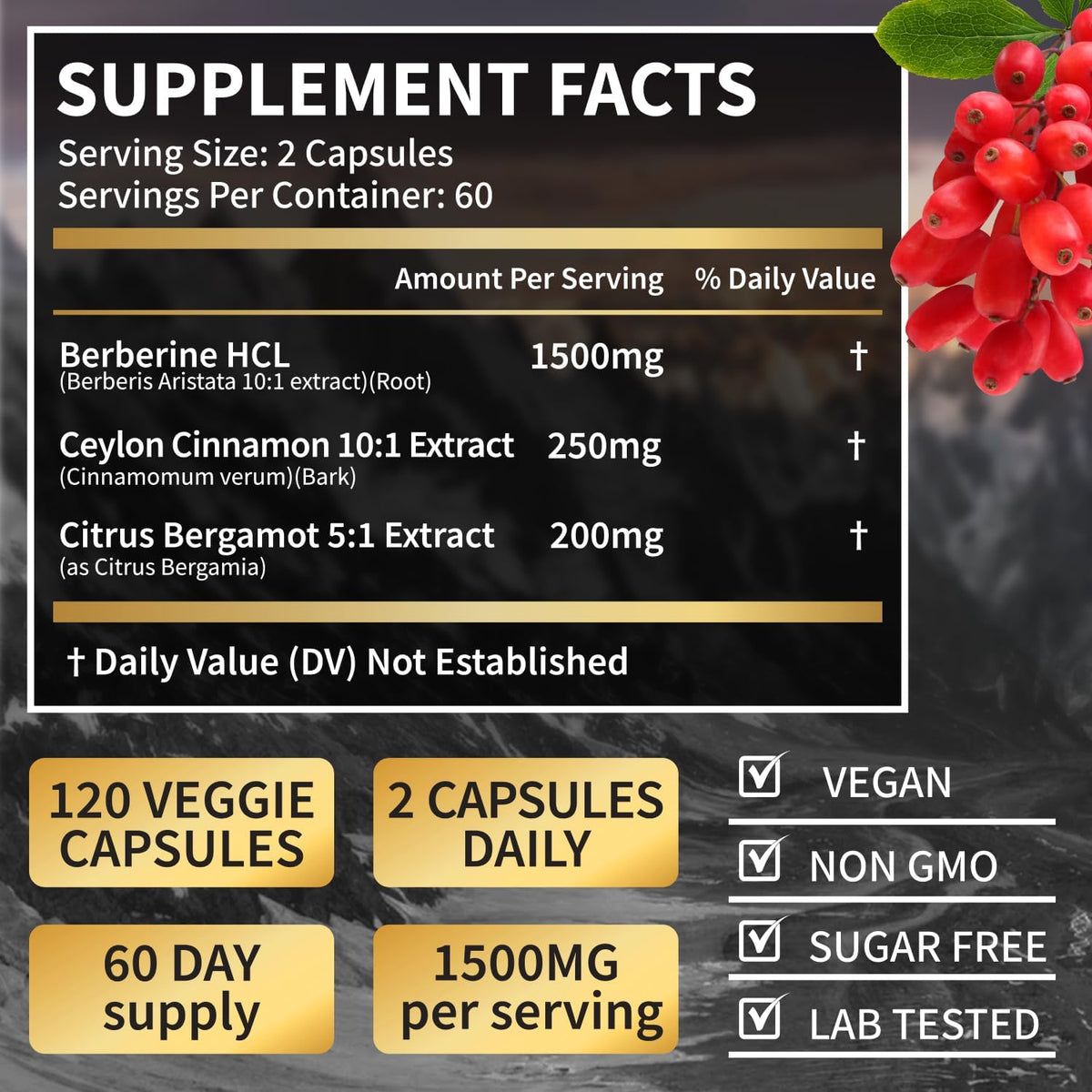 Berberina HCL 1500mg con Canela de Ceilán y Bergamota Cítrica | Fórmula de Triple Acción para Apoyo Metabólico | Cápsulas – Image 2