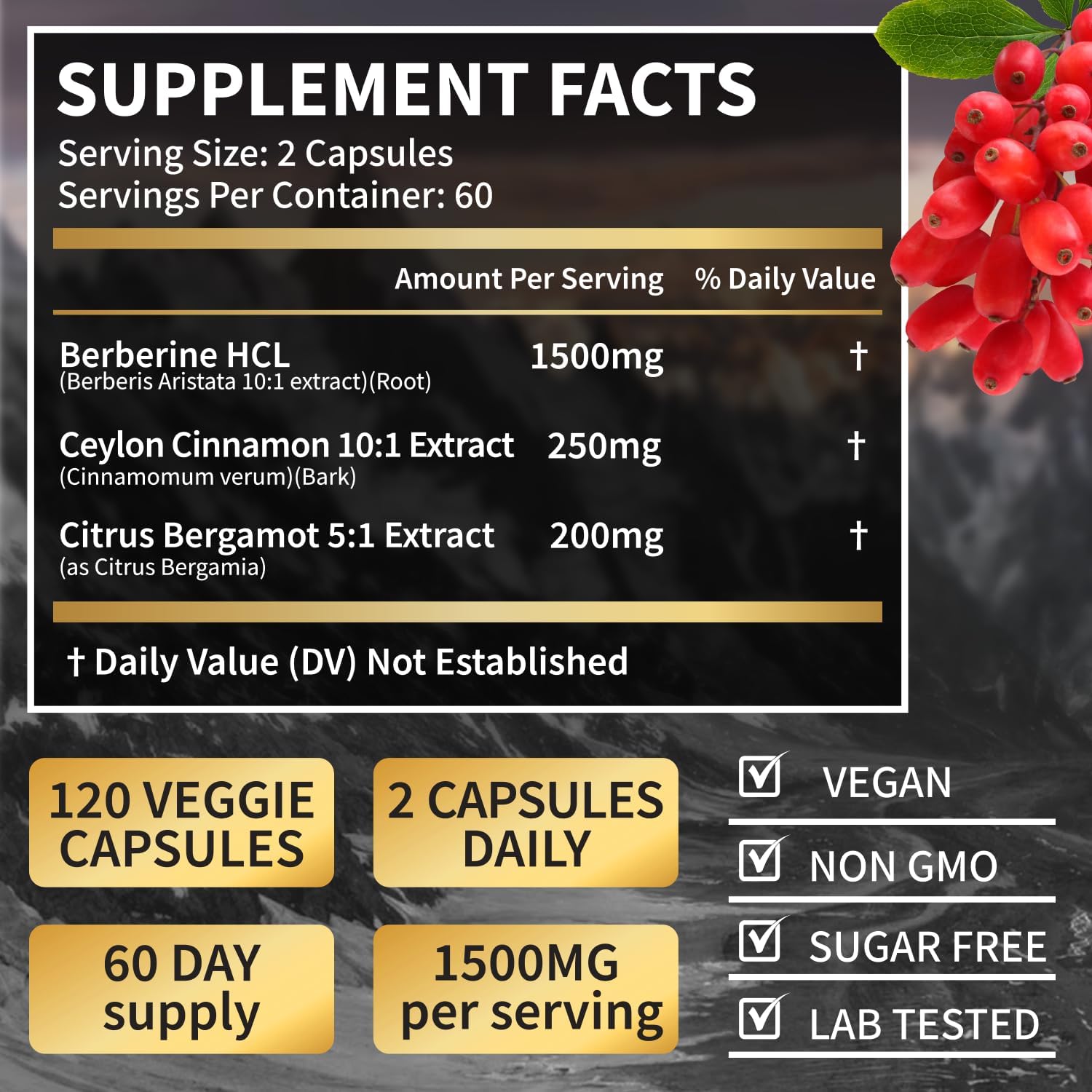 Berberina HCL 1500mg con Canela de Ceilán y Bergamota Cítrica | Fórmula de Triple Acción para Apoyo Metabólico | Cápsulas Veganas, 120 unidades