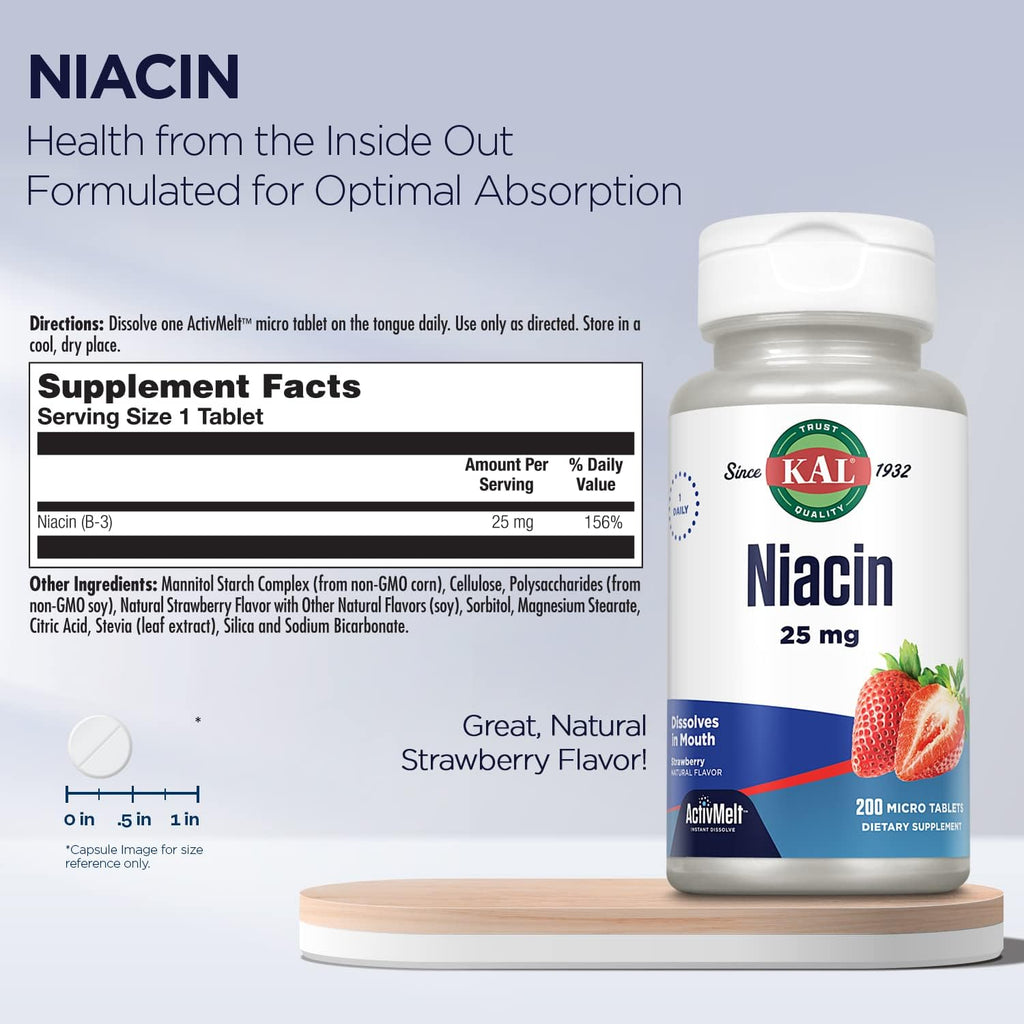 Kal Niacina 25 mg, 200 Comprimidos Sabor Fresa