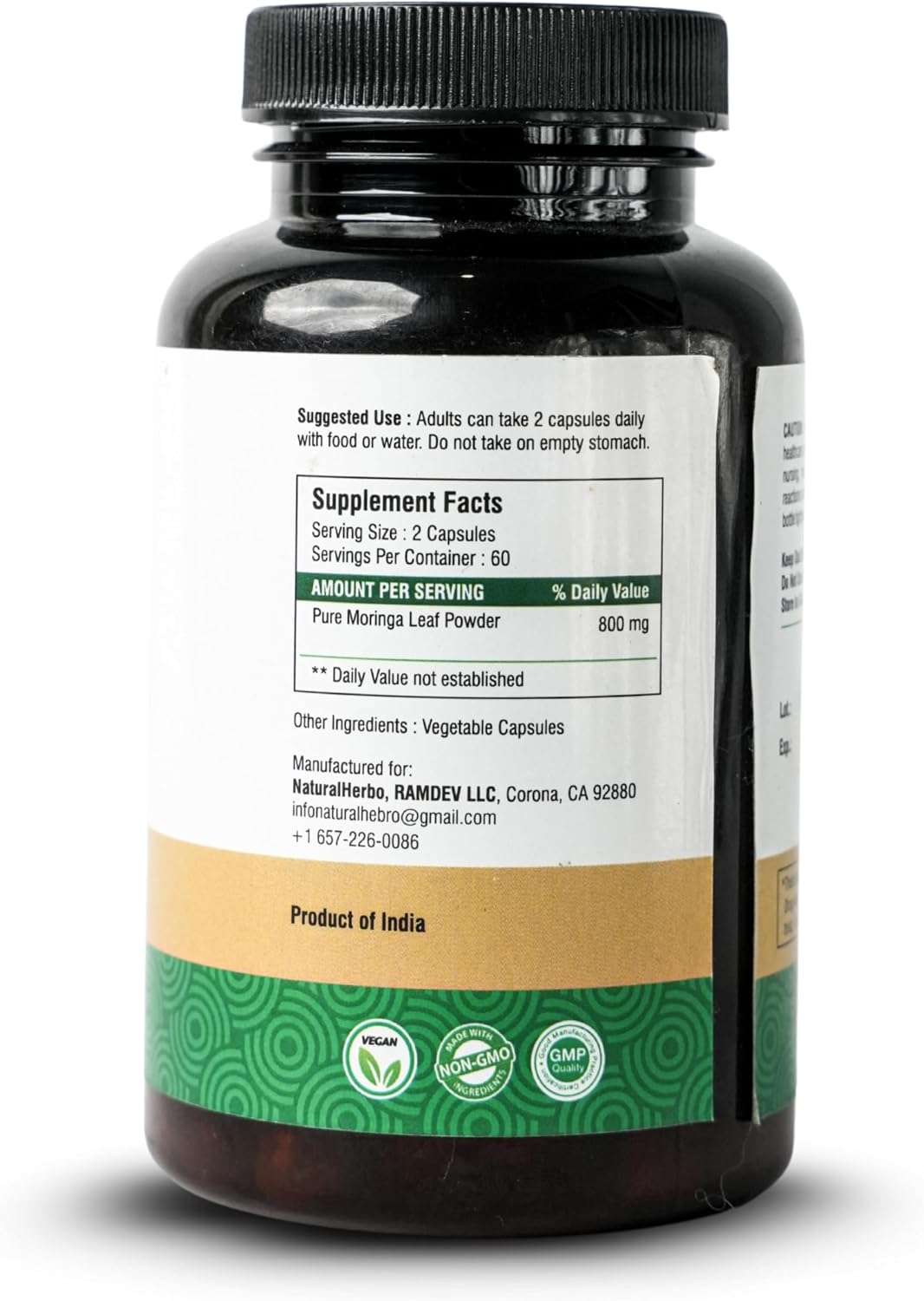 Cápsulas de Moringa Pura - Extracto de Hoja de Moringa para Energía Natural, Digestión y Bienestar Diario | Superfood Verde Vegano | 120 Cápsulas (800mg)