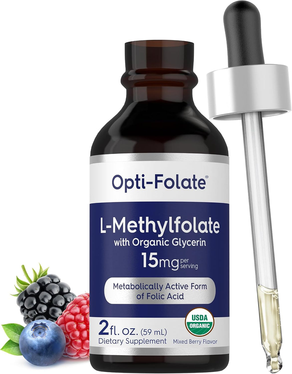 Carlyle L-Metilfolato Gotas 15mg - 2 fl oz (59 ml) con Glicerina Orgánica, Sabor a Bayas Mixtas - Sin Gluten, Vegano