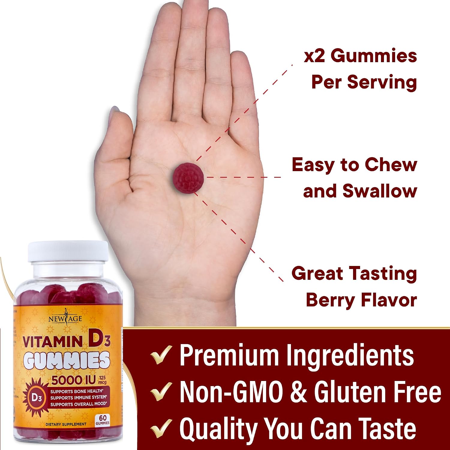 NEW AGE Vitamin D3 5000 IU Gummies - 120 Gominolas (Pack de 2)