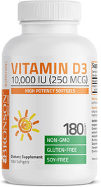 Bronson Vitamin D3 10,000 IU (250 mcg) Alta Potencia - Apoya el Sistema Inmunitario, Huesos, Músculos y Dientes - No GMO, 180 Cápsulas Blandas