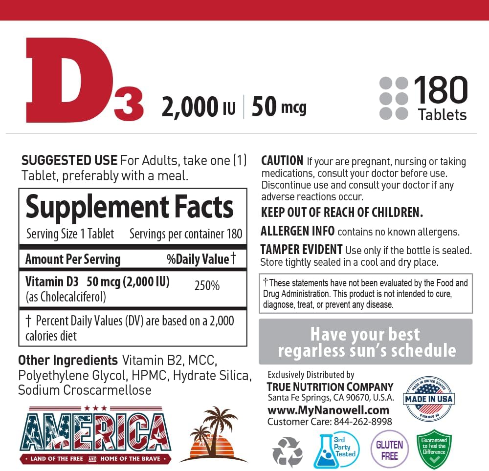 NANOWELL Vitamin D3 2000 IU (50 mcg) - 180 Comprimidos para Huesos e Inmunidad