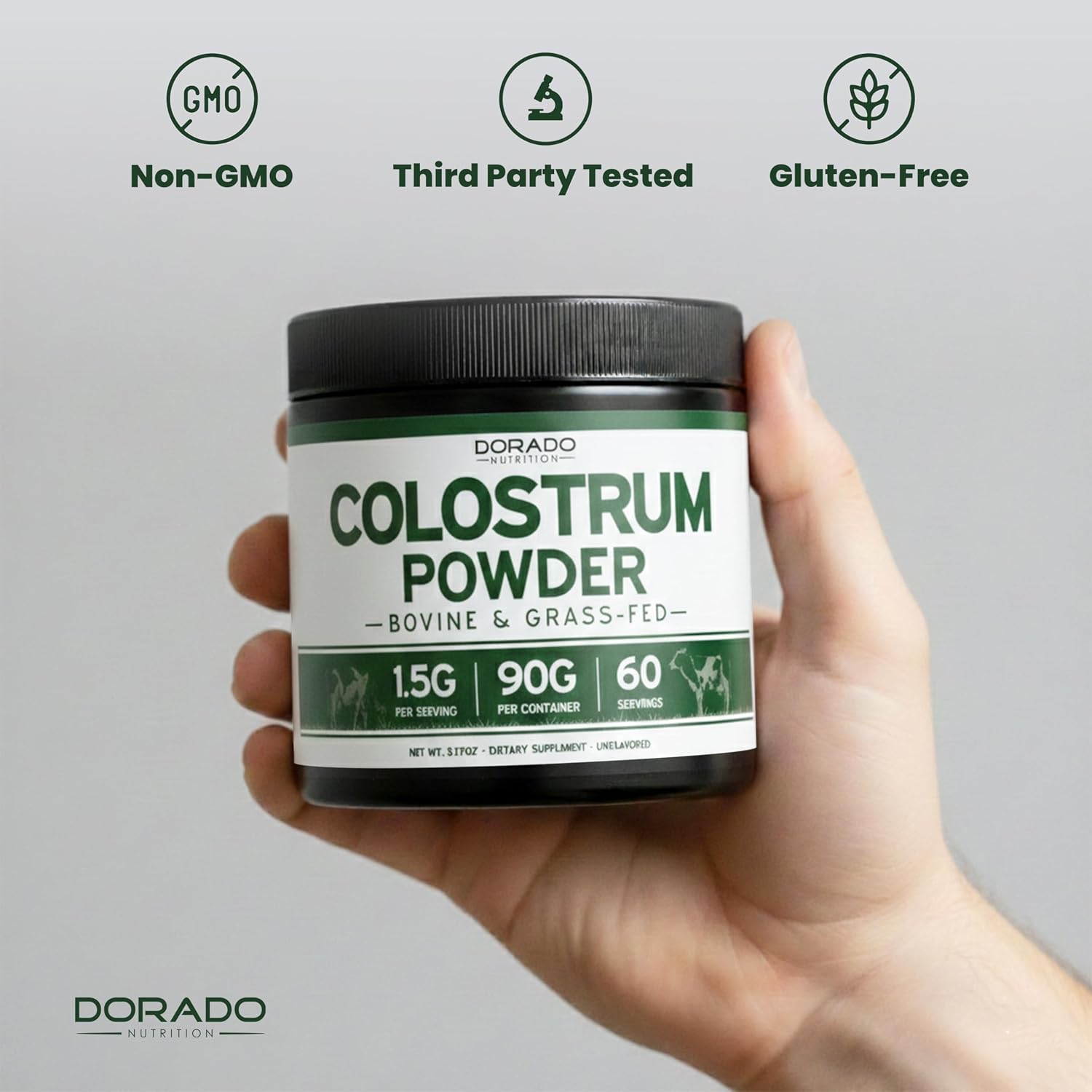 Polvo de Calostro Bovino Puro 90g - Estandarizado al 20% IgG - Sin Sabor, Sin Rellenos, No GMO