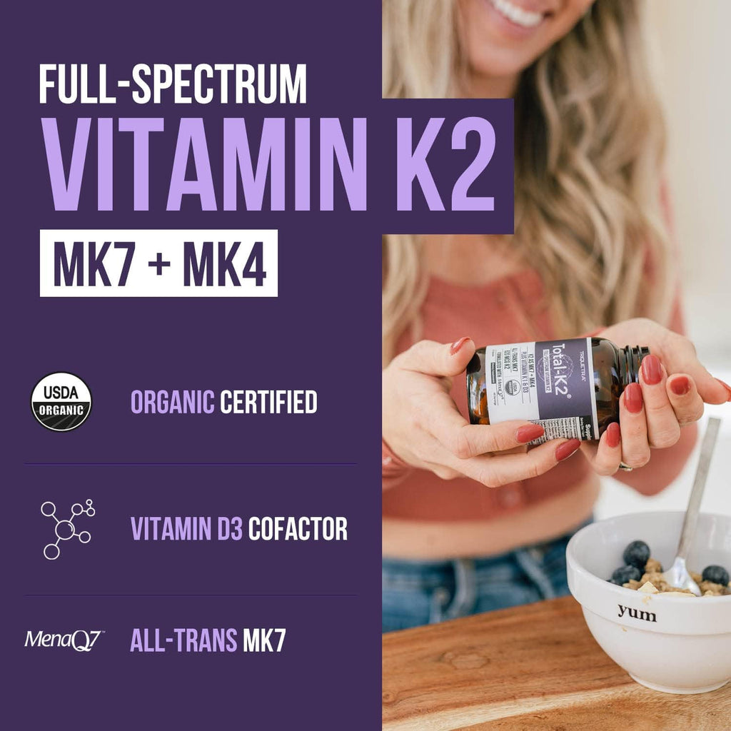 Total K2® | Vitamina K2 como MK7 y MK4 | Más K1 y Cofactor de Vitamina D3 – 620 mcg de K2 por Dosis – All-Trans MK7 de MenaQ7® – Vitamina K de Espectro Completo – Vegano, Certificado Orgánico (60 Cápsulas)