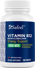 Safrel Vitamina B12 Metilcobalamina 1000 mcg | Comprimidos Sublinguales de Disolución Rápida | Sabor Cereza | 200 Unidades
