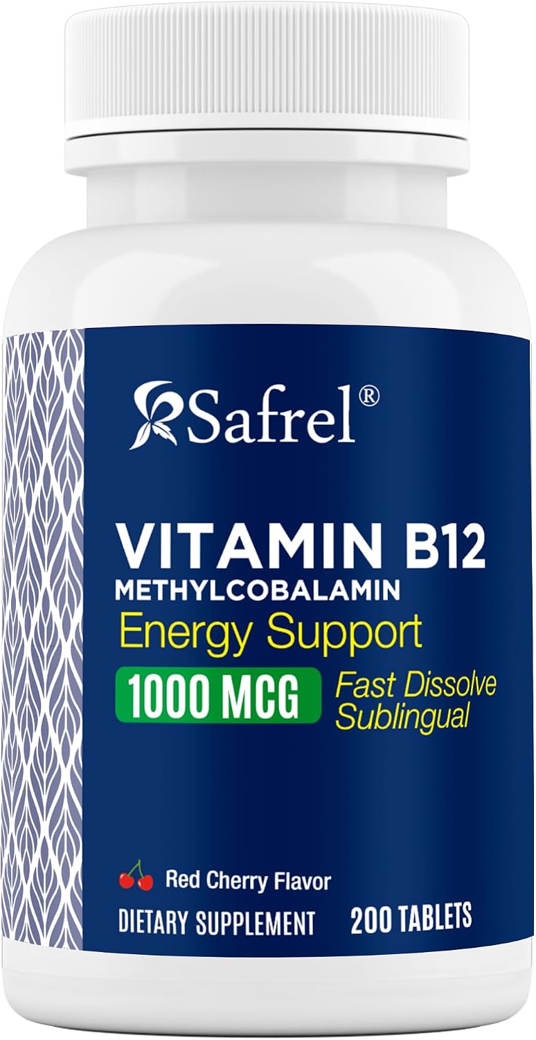 Safrel Vitamina B12 Metilcobalamina 1000 mcg | Comprimidos Sublinguales de Disolución Rápida | Sabor Cereza | 200 Unidades