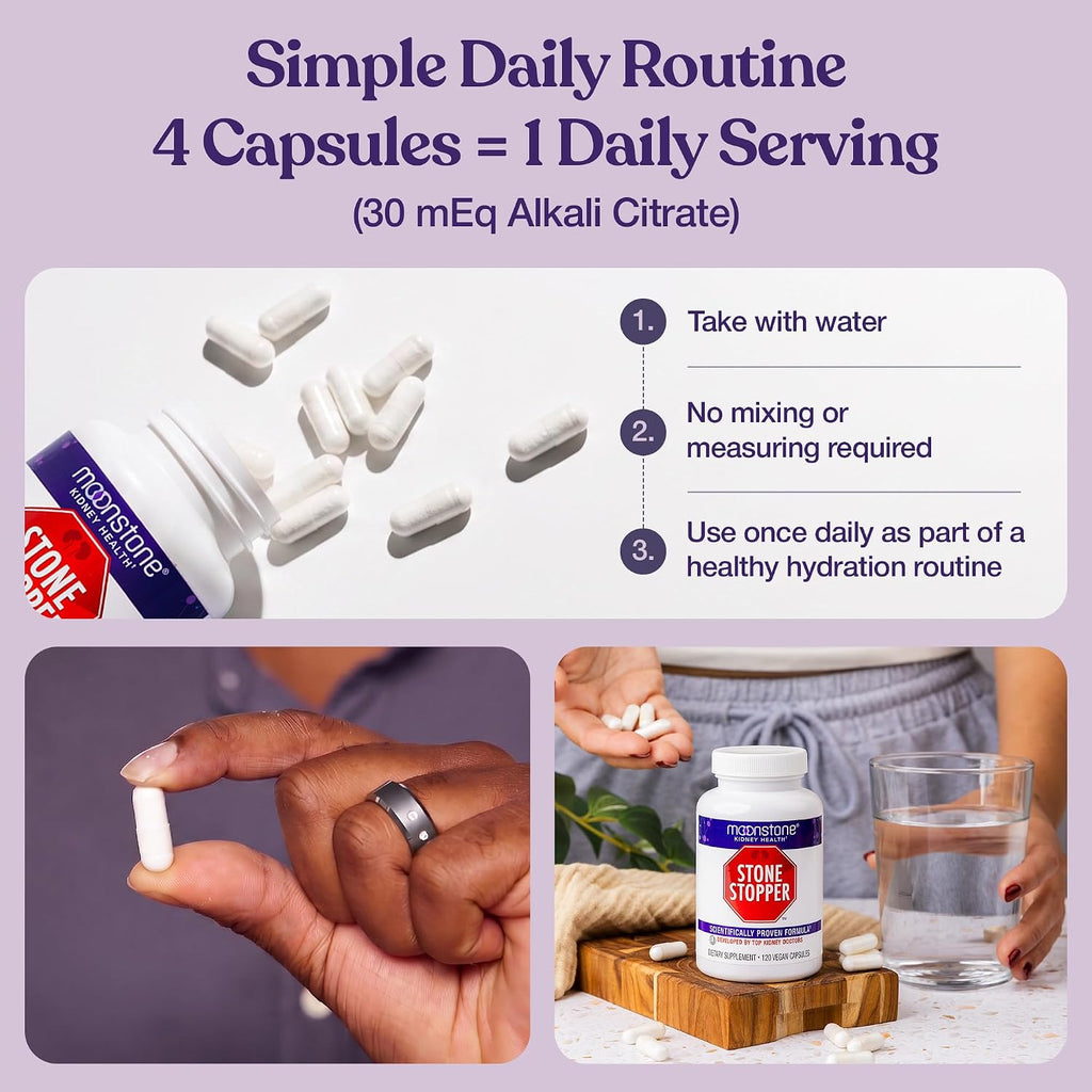 Moonstone Stone Stopper Cápsulas - Suplemento para la Prevención de Cálculos Renales con Citrato Alcalino, 360 Cápsulas (90 Días)
