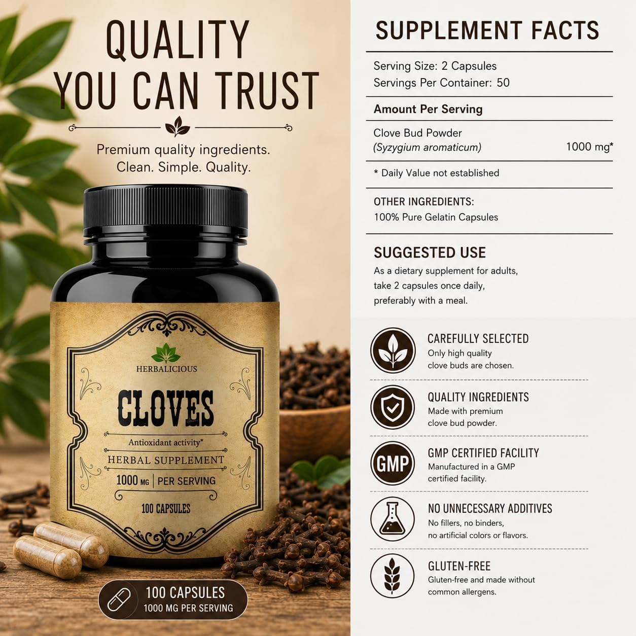 Cápsulas de Clavo - Suplemento Natural - Rico en Vitaminas, Minerales, Manganeso, Fibra - Puede Ayudar a la Digestión y Fortalecer los Huesos - 100 Cápsulas