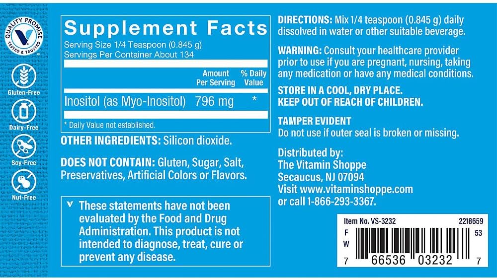 The Vitamin Shoppe Inositol en Polvo Puro - Myo-Inositol - 113 g (134 Servicios) - Sin Sabor, Vegano