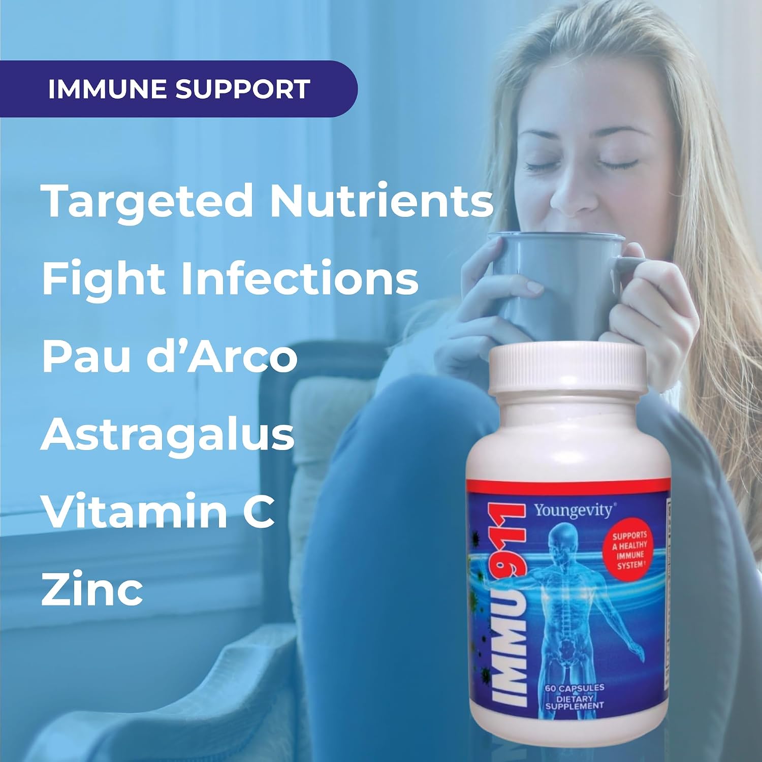 Youngevity Immu-911™ Advanced Immune - Complejo Inmunológico con Colostro, Vitamina C, Zinc, Equinácea, Astrágalo, Corteza de Pau D'Arco y 6 Hongos Micelares (60 Cápsulas)