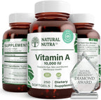Natural Nutra Vitamina A 10.000 UI Cápsulas Blandas – 2 Envases de 250 Cápsulas