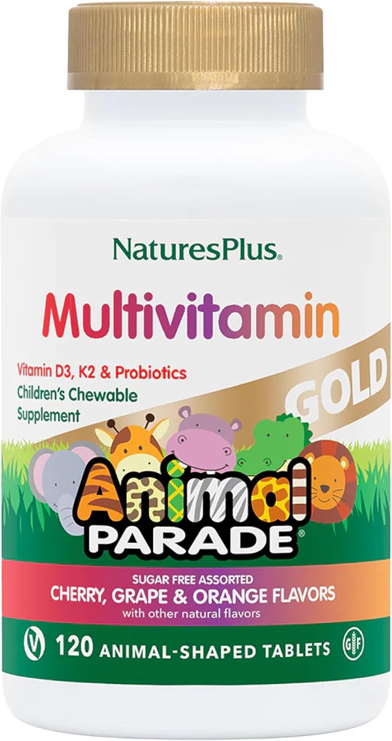 NaturesPlus Animal Parade Gold Multivitamínico Infantil - Paquete de 4 (240 Comprimidos Masticables) - Sabores a Cereza, Naranja y Uva