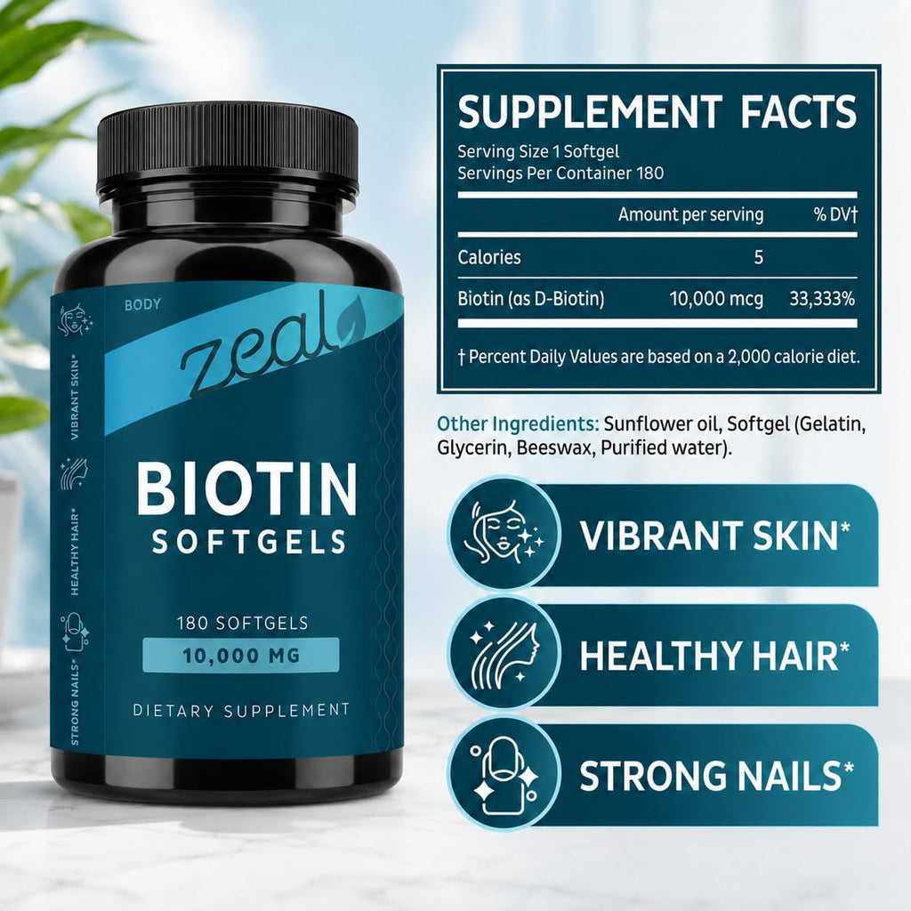 Zeal Biotina 10000mcg Cápsulas Blandas de Aceite | Cabello, Piel y Uñas | 180 Cápsulas