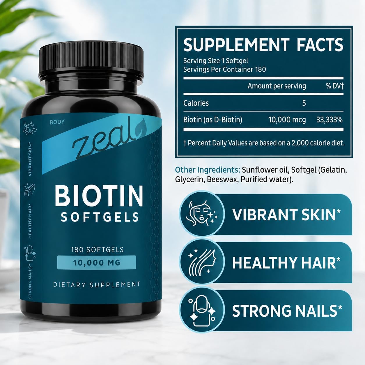 Zeal Biotina 10000mcg Cápsulas Blandas de Aceite | Cabello, Piel y Uñas | 180 Cápsulas