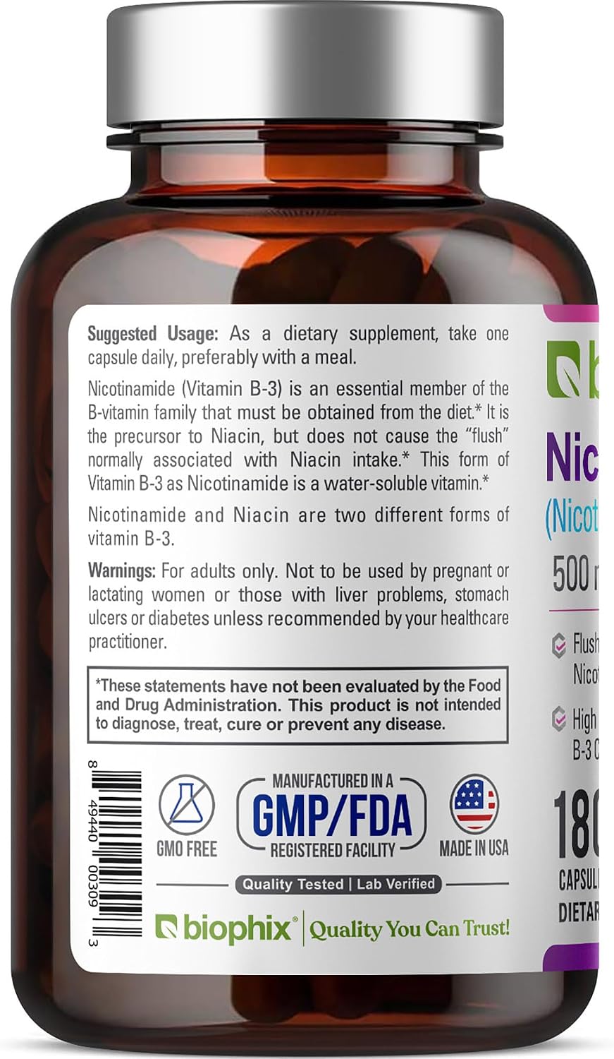 biophix B-3 Nicotinamida 500 mg 180 Cápsulas - Fórmula de Niacina Sin Enrojecimiento