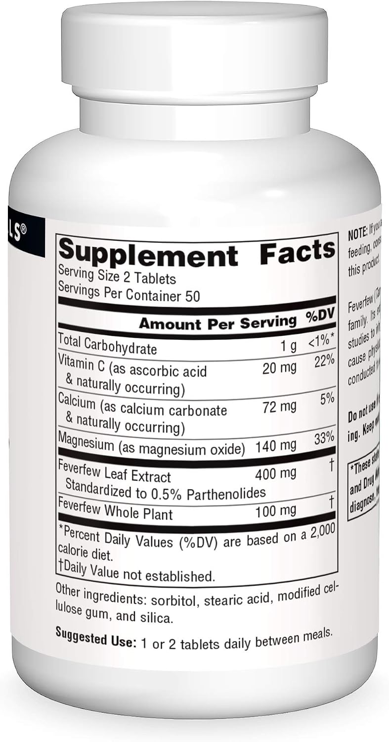 Source Naturals Feverfew Extract - Dietary Supplement with Magnesium, Calcium and Vitamin C - 100 Tablets