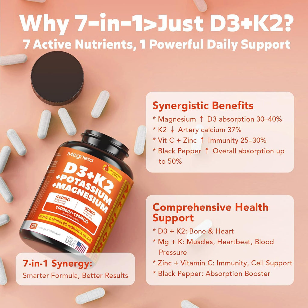 Vitamina D3 K2 (MK-7) 10.000 UI con Magnesio Glicinato y Potasio - Complejo Sistémico para Huesos, Músculos, Corazón e Inmunidad - Alta Absorción, 60 Cápsulas