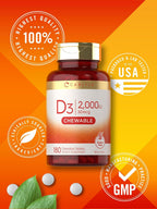 Carlyle Vitamina D3 Masticable 2000 UI (50 mcg) - 180 Comprimidos - Sabor Bayas - Vegetariano y Sin Gluten