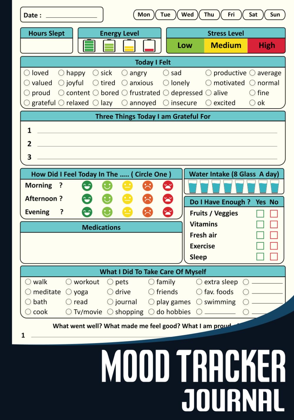 Mood Tracker Journal: Diario de Salud Mental y Bienestar con Indicaciones - Para Aliviar Estrés, Depresión y Ansiedad - Para Mujeres, Hombres y Adolescentes