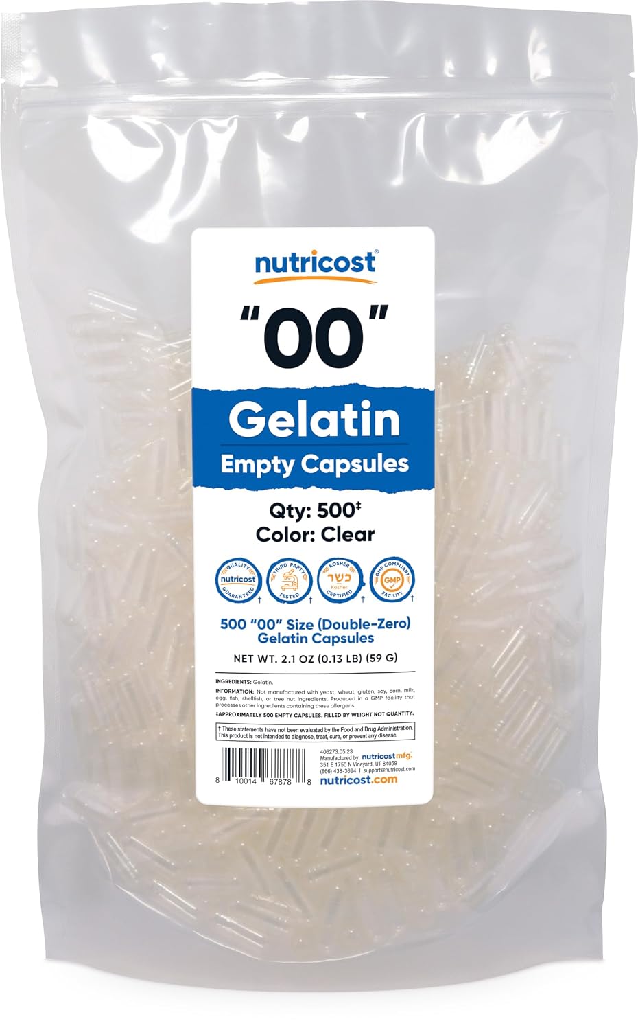 Nutricost Cápsulas Vacías Tamaño 00 - 500 Cápsulas de Gelatina Transparentes - Certificado Kosher, No GMO, Sin Soja, Sin Gluten
