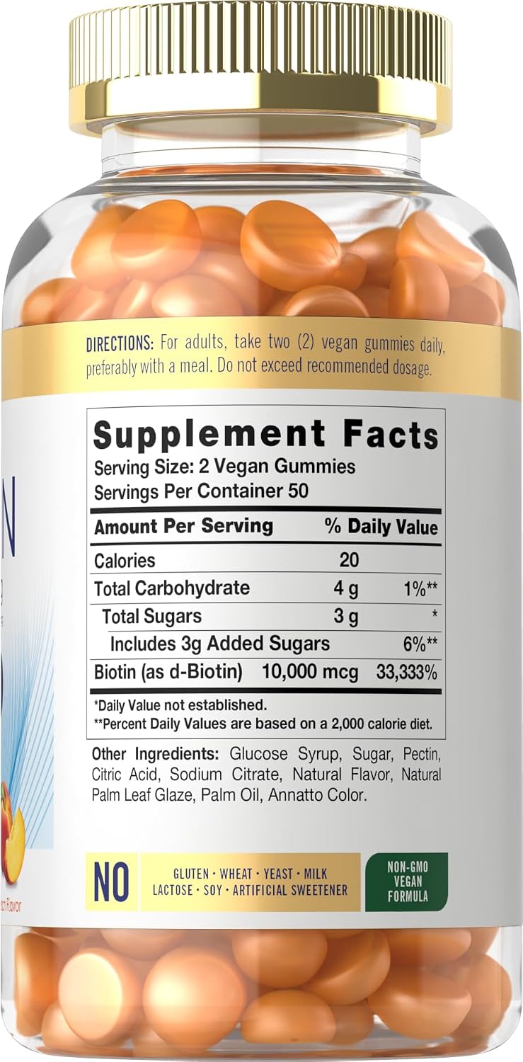 Carlyle Biotin 10000mcg Gummies – Gominolas de Biotina 10000 mcg, Sabor Melocotón, 100 uds