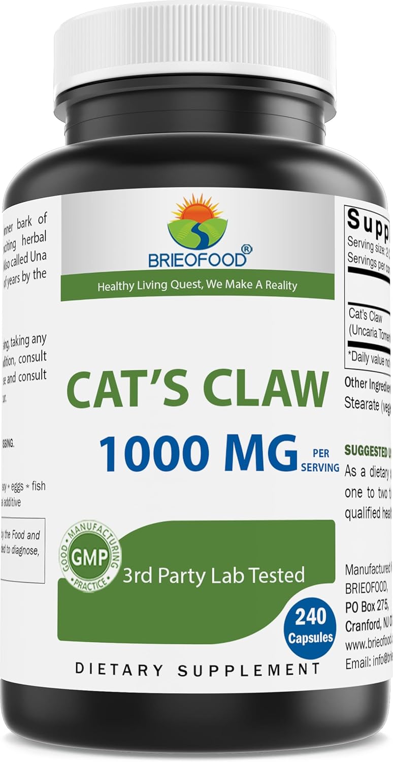 Brieofood Cat's Claw 1000 mg por dosis - 240 cápsulas - Non-GMO, sin gluten