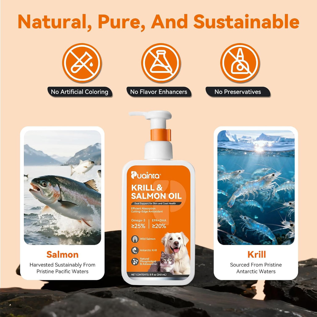 PUAINTA Omega 3 Aceite de Pescado para Perros y Gatos – Aceite de Salmón Islandés y Krill Antártico, 236 ml