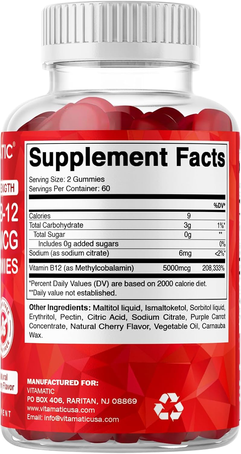 Vitamatic Vitamina B12 5000 mcg (Metilcobalamina) Gominolas - 120 unidades - Apoyo al Metabolismo Energético y Salud del Sistema Nervioso, Sabor Natural a Cereza