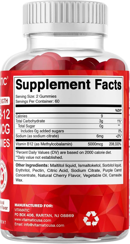 Vitamatic Vitamina B12 5000 mcg (Metilcobalamina) Gominolas - 120 unidades - Apoyo al Metabolismo Energético y Salud del – Image 8