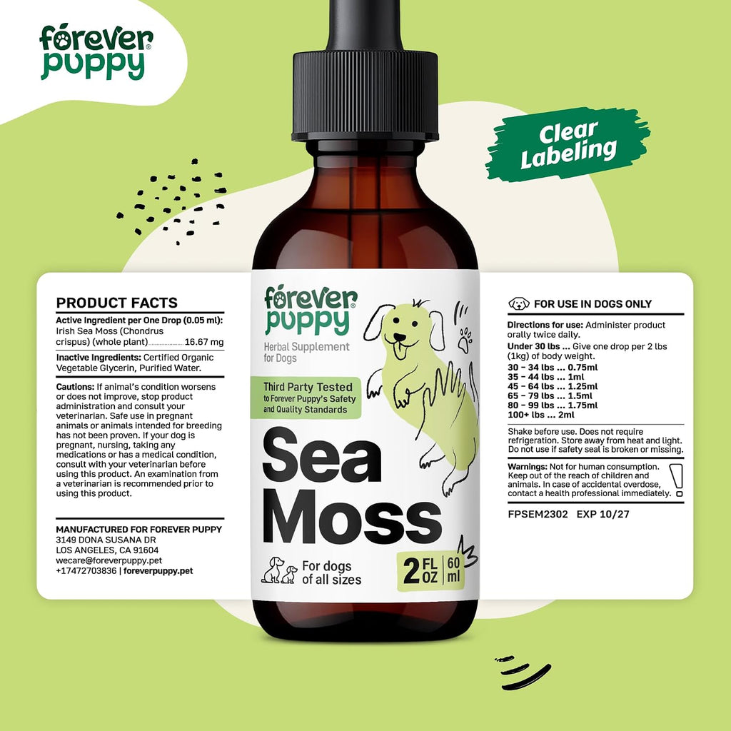 Irish Sea Moss Drops for Dogs - Thyroid Support & Energy - Nutritional Drops with Liquid Seamoss Extract - Dog Vitamins and Supplements for All Breeds & Sizes - Alcohol-Free - 59 ml