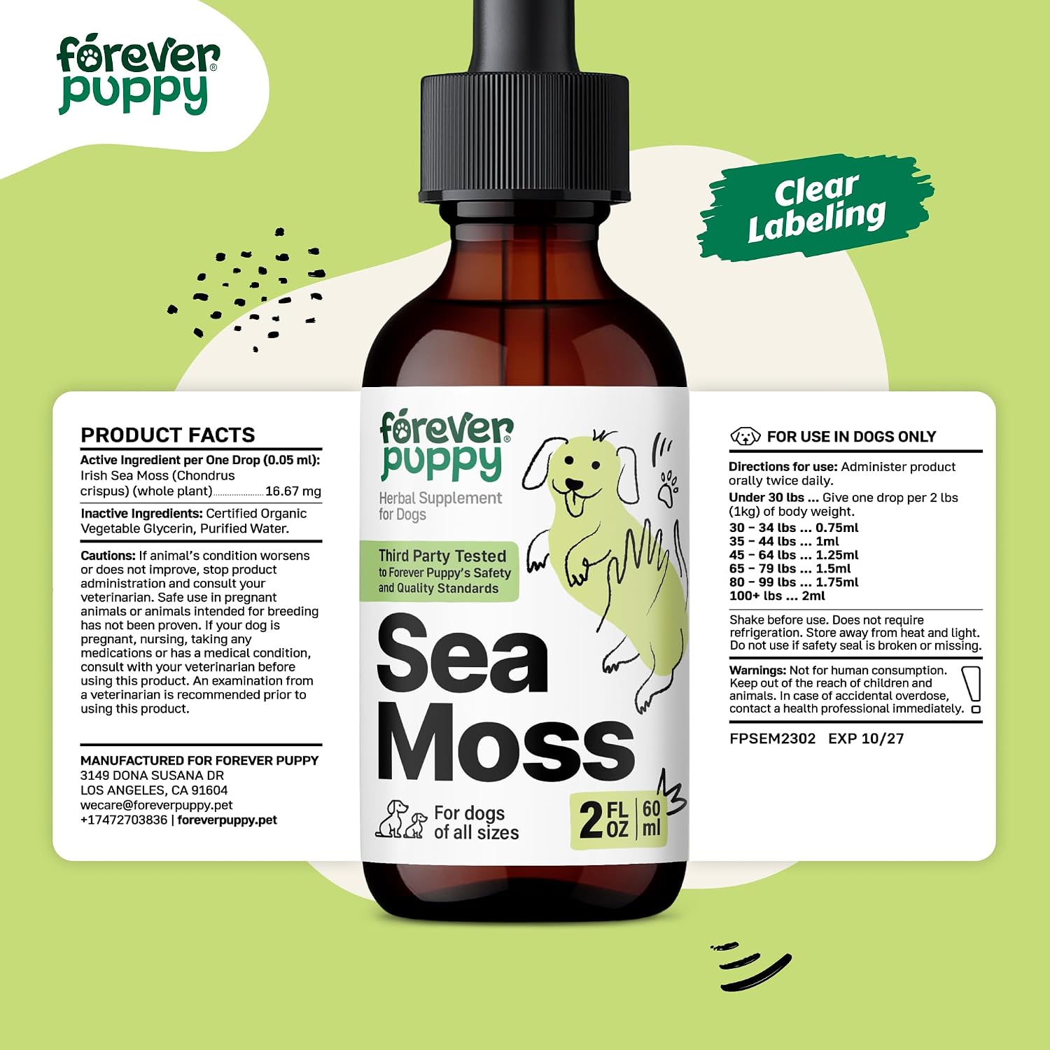 Irish Sea Moss Drops for Dogs - Thyroid Support & Energy - Nutritional Drops with Liquid Seamoss Extract - Dog Vitamins and Supplements for All Breeds & Sizes - Alcohol-Free - 59 ml