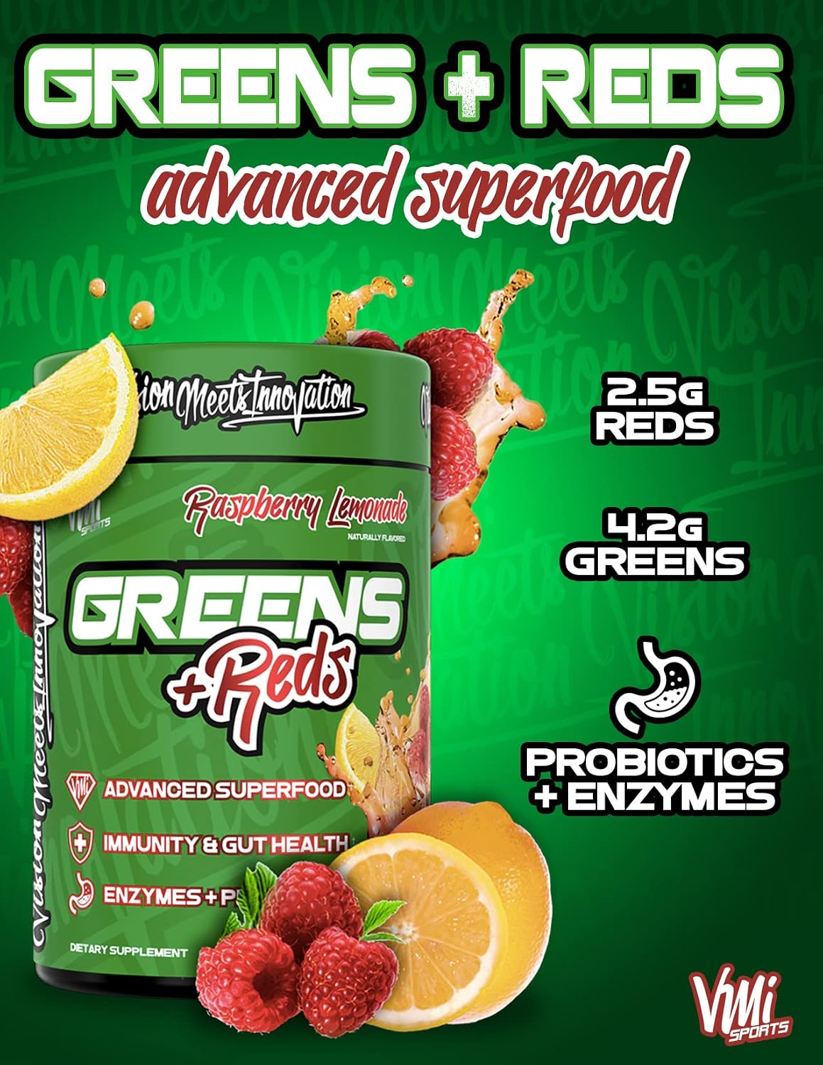 VMI Sports Greens + Reds Advanced Superfood con Probióticos y Enzimas - Sabor Chocolate (30 dosis)