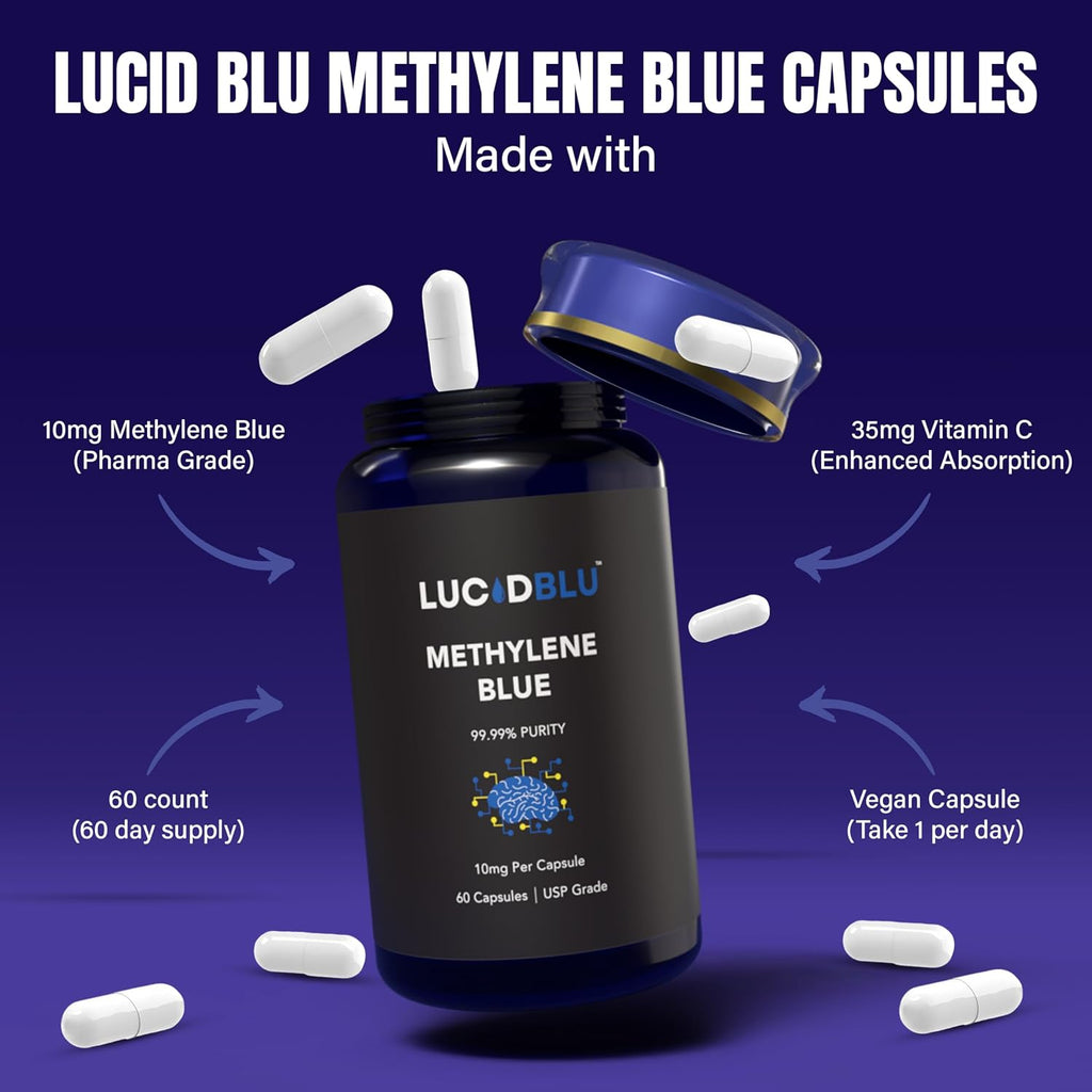 Lucid Blu Cápsulas de Azul de Metileno 10mg con Vitamina C - 99,99% Pureza USP