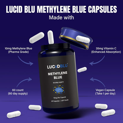 Lucid Blu Cápsulas de Azul de Metileno 10mg – Pureza comprobada: Busca un mínimo del 99% y preferiblemente grado – Image 7