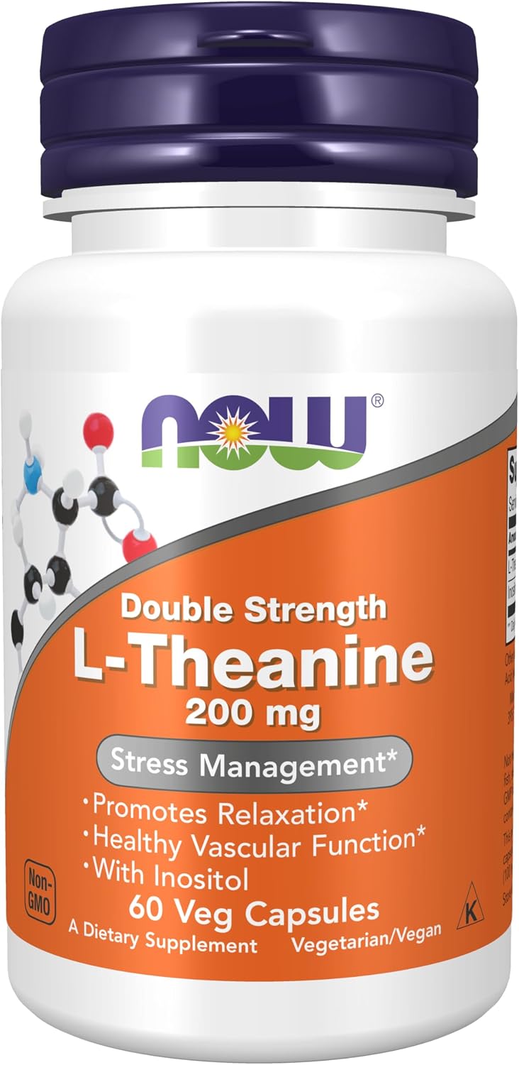 NOW Foods Suplemento, L-Theanina 200 mg con Inositol, Manejo del Estrés*, 60 Cápsulas Veganas