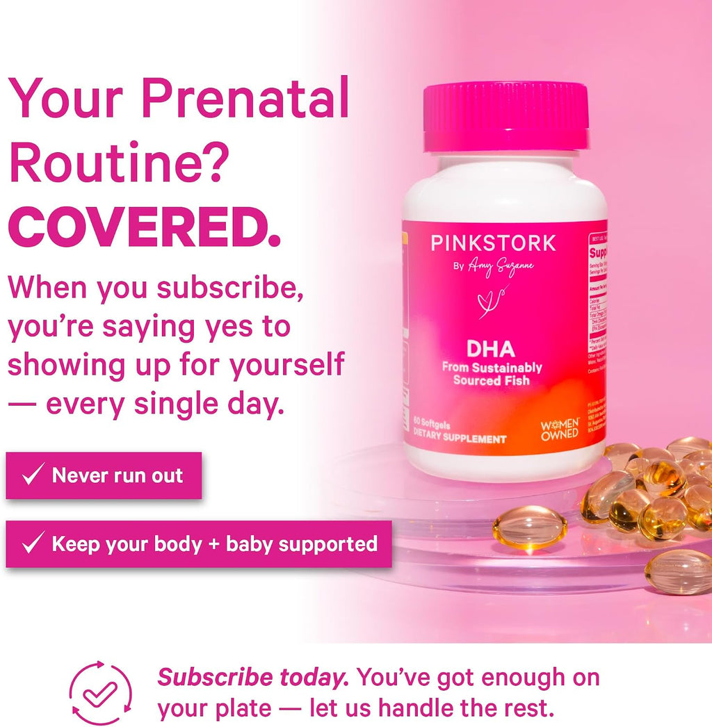 Pink Stork Omega-3 DHA - 540 mg de Aceite de Pescado con DHA y EPA, Suplemento Prenatal y Postparto para la Salud Cognitiva y el Desarrollo Fetal - 60 Cápsulas Blandas