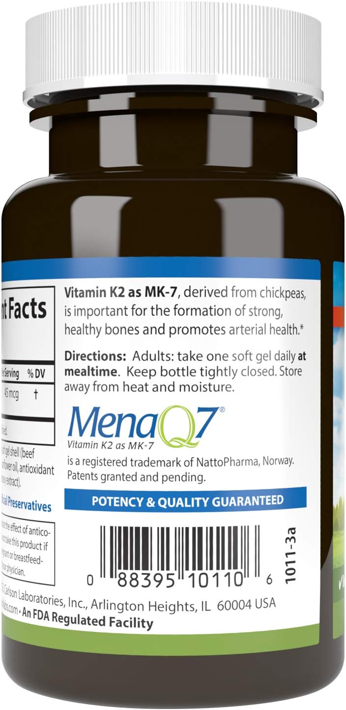 Carlson - Vitamina K2 MK-7 (Menaquinona), 45 mcg, Soporte Óseo, Biodisponibilidad del Calcio, Vitamina K2, 90 Cápsulas Blandas