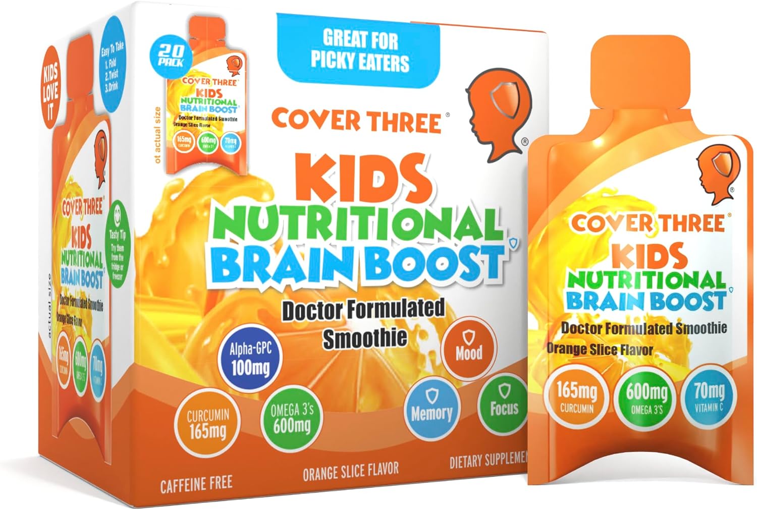 Brain Assist - Suplemento para el cerebro con curcumina, uridina y omega-3, sabor naranja