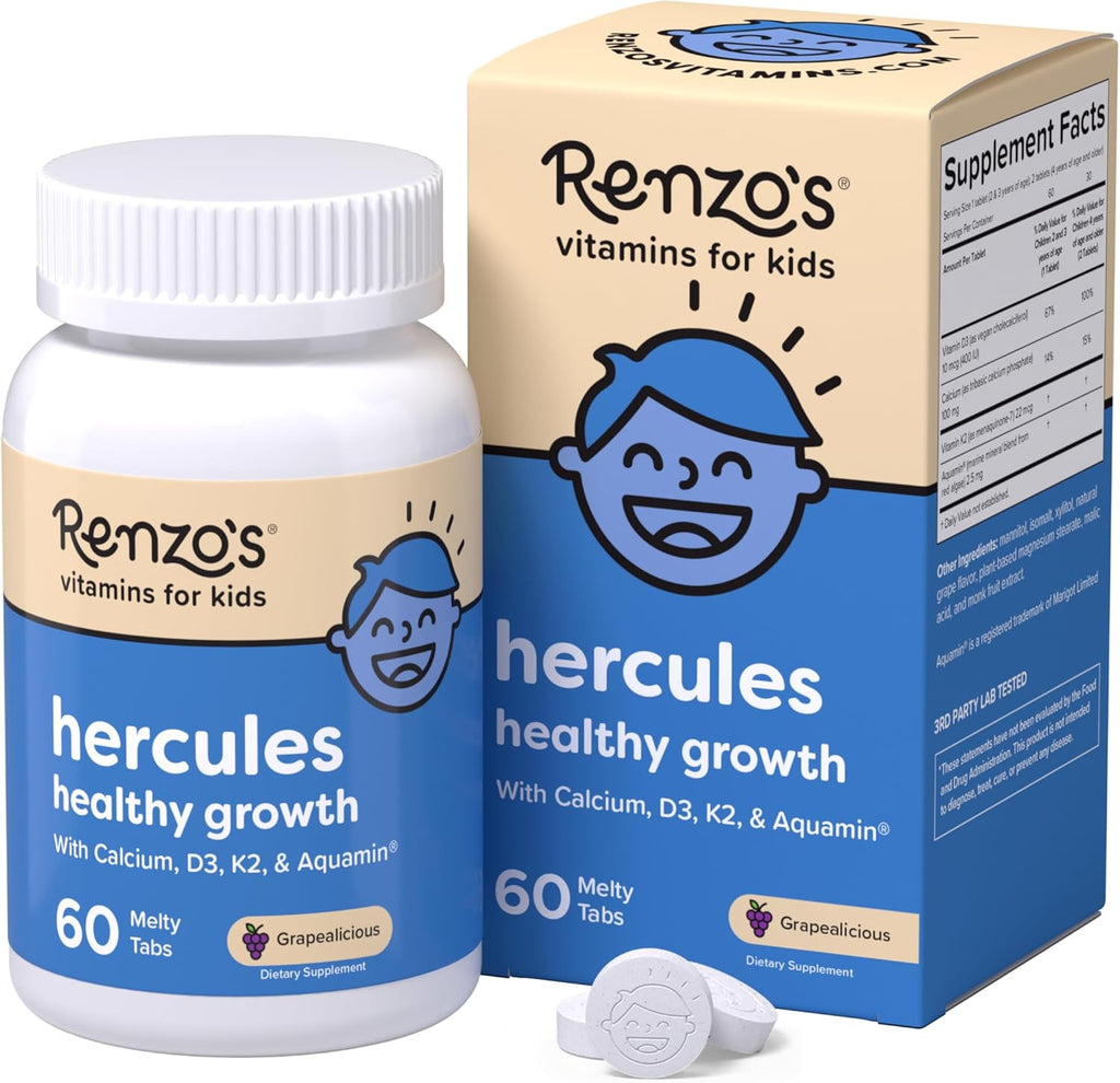 Renzo's Hercules Calcium con Vitamina D3, K2 y Aquamin para Niños - 60 Comprimidos Fundibles Sabor Uva