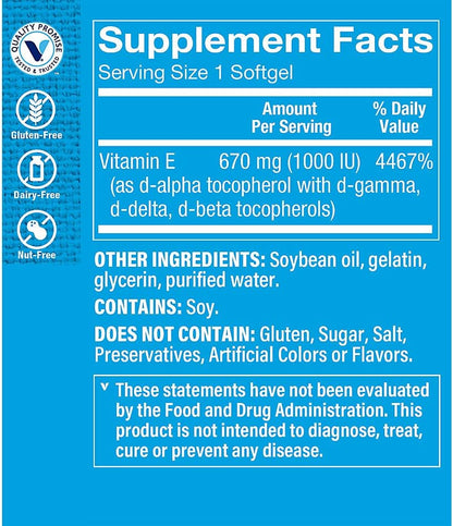 The Vitamin Shoppe Vitamin E 1,000IU - Antioxidant Support for Skin Health & Immune Function, Daily Vitamin (240 Softgels) – Image 3