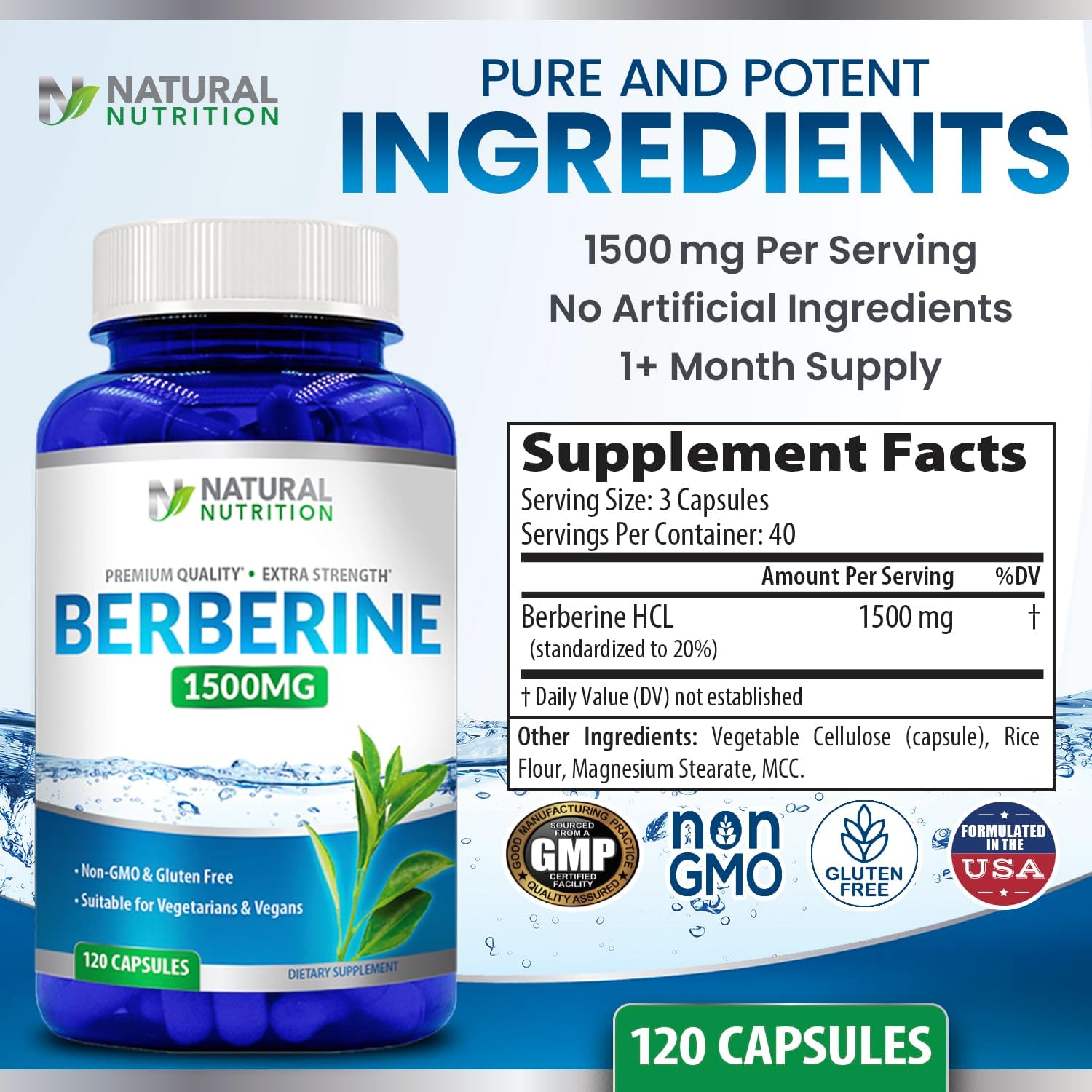 Natural Vitamin Extra Strength Berberine HCL 1500mg 120 Cápsulas Sin Gluten Non-GMO
